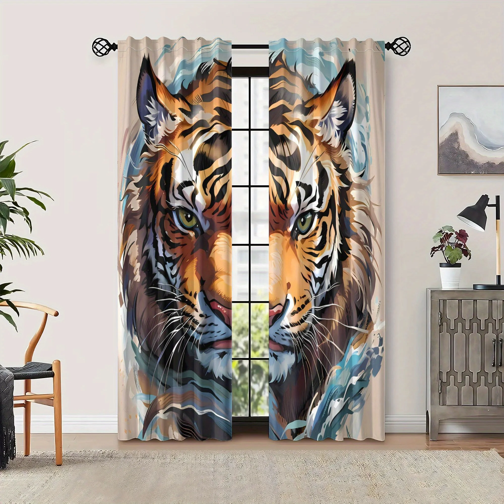 2pcs Tiger Print Blackout Curtains - Retro Style 100% Polyester Grommet Top Window Drapes, Machine Washable Light Blocking