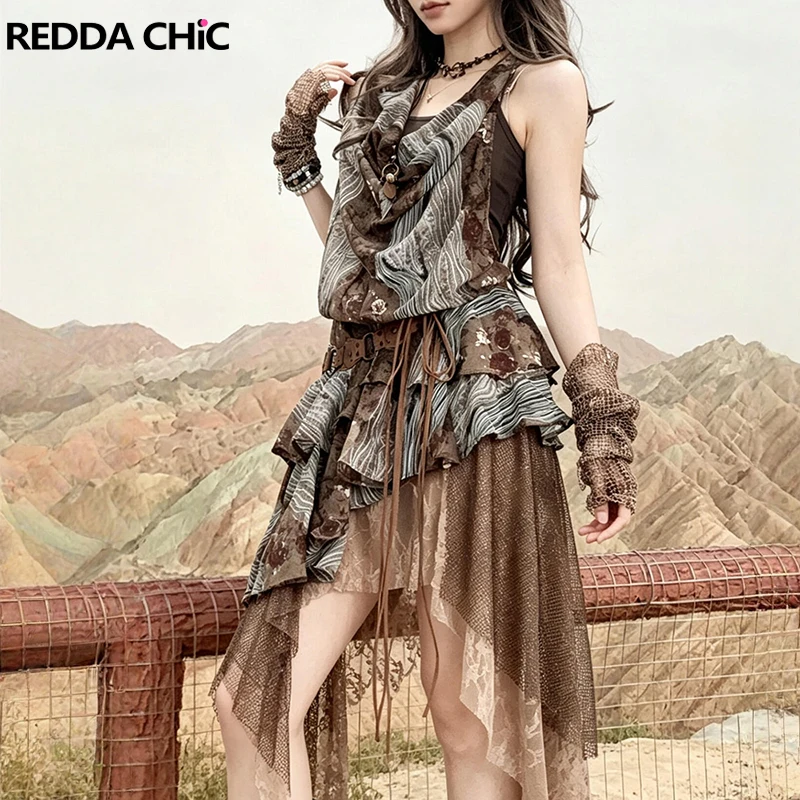 ReddaChic Conjunto de Vestido Retro Boho Irregular con Cuello Halter Estampado, Falda Larga de Encaje con Patchwork, Ropa de Verano para Mujer