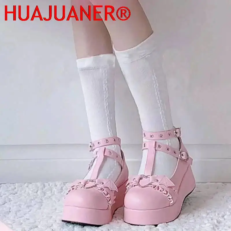 2023 Sweet Heart Buckle Wedges Mary Janes Women Pink T-Strap Chunky Platform Lolita Shoes Woman Punk Gothic Cosplay Plus Size 43