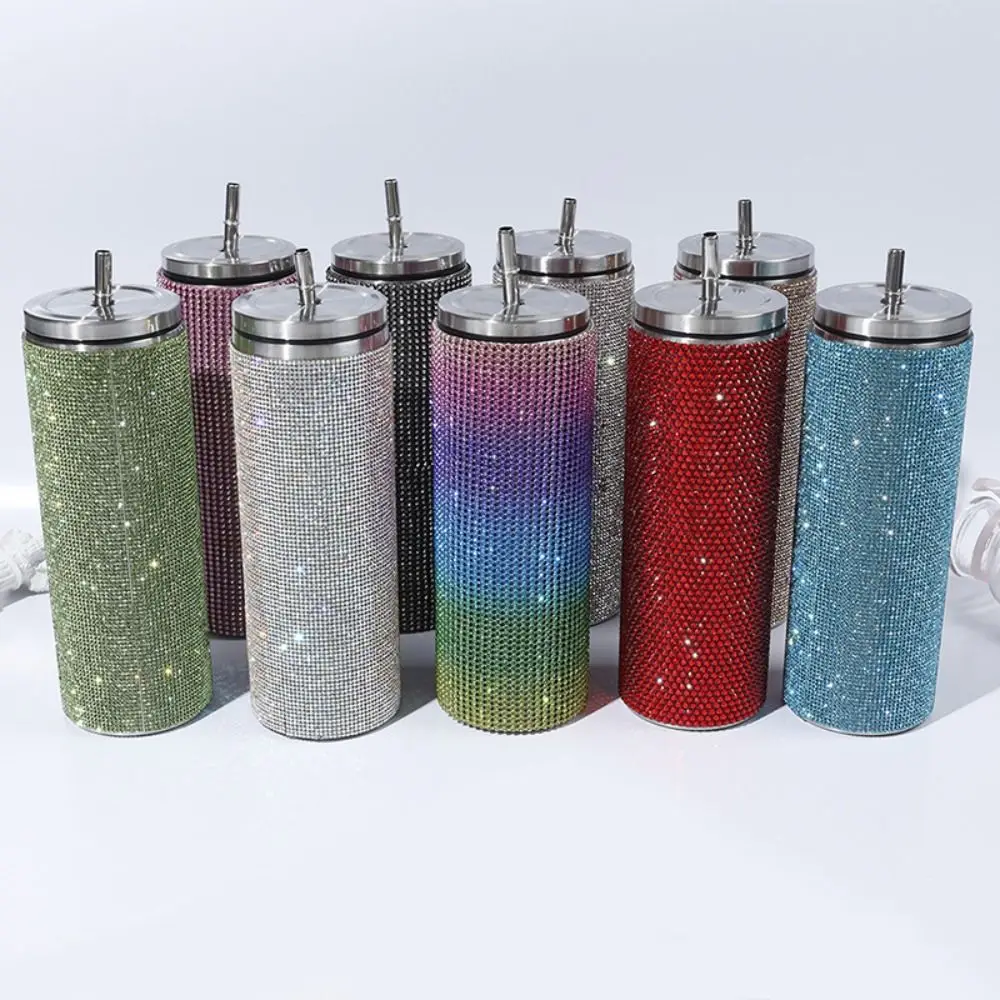 600ml Rhinestone Thermos Bottles Leopard Print Bling Glitter Coffee Travel Mug Shining Leak-Proof Vacuum Flasks
