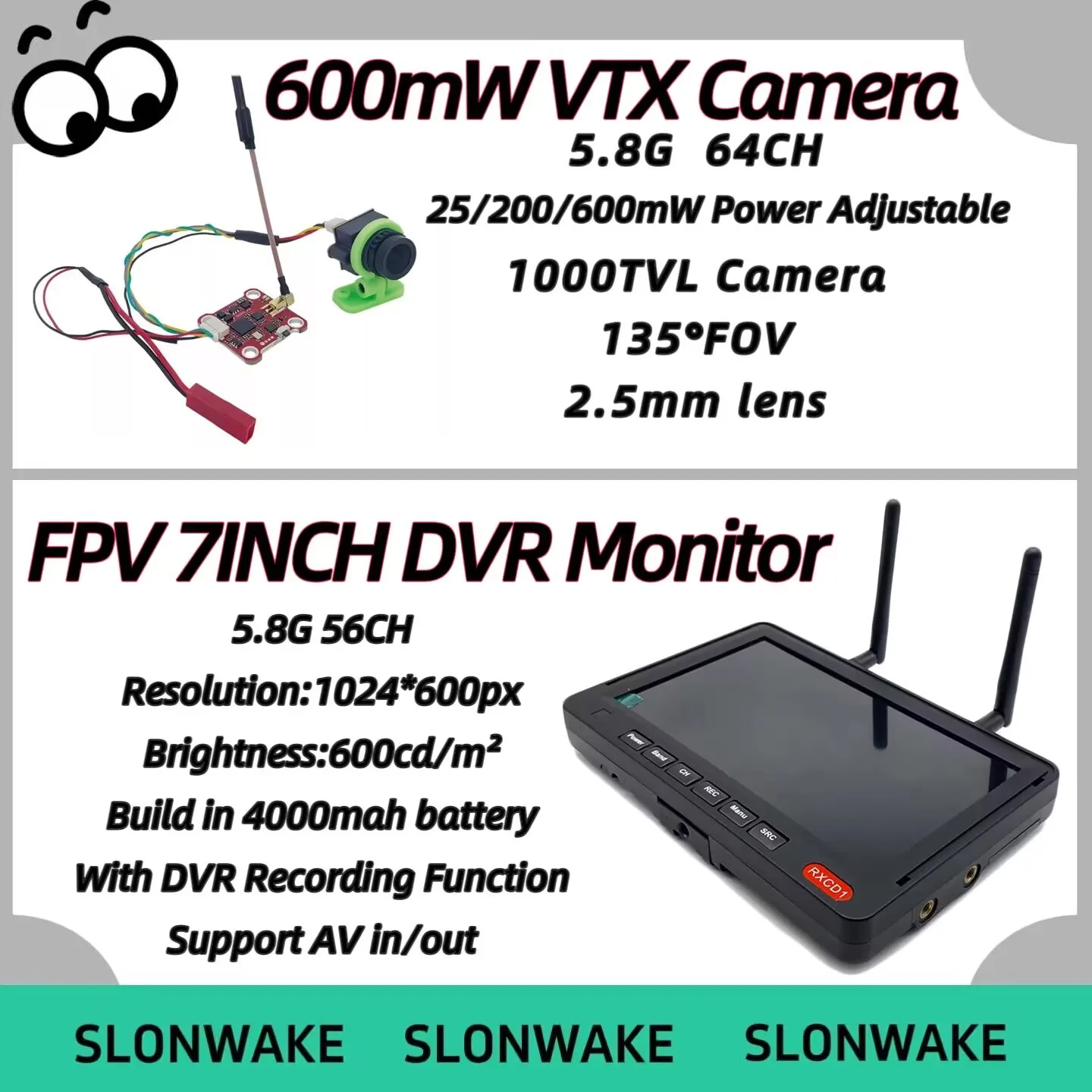 SLONWAKE 600mW power 64CH transmitter module,1000TVL 135°fov Camera,FPV 7 inch DVR display  screen,for FPV RC Model Racing Drone