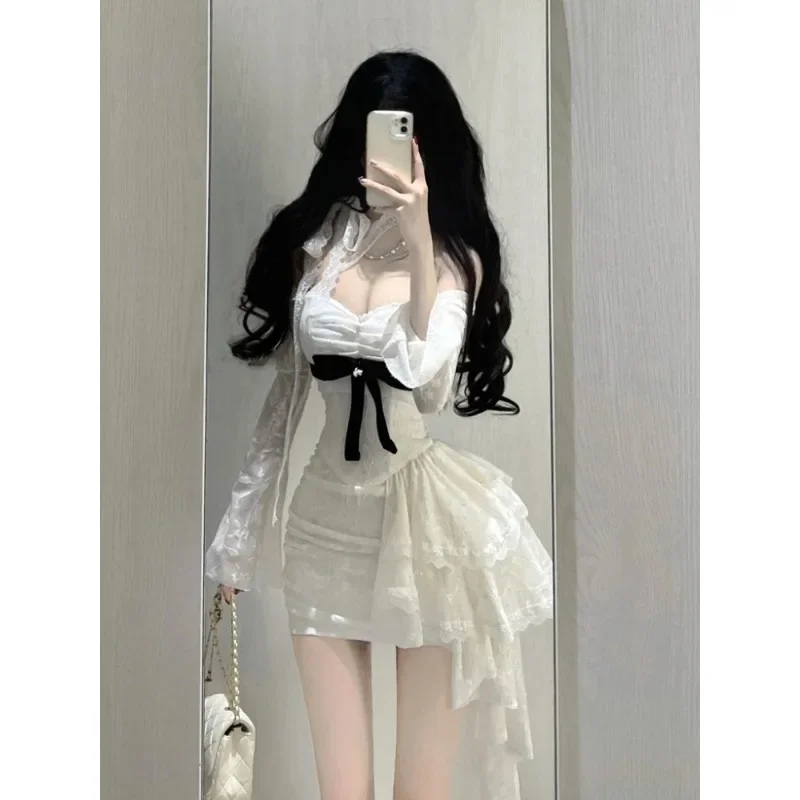 

French Lace Long Sleeve Dress Women Spring Design Evening Party Mini Dress Y2k Vintage Clothing One Piece Dress Korean Fashion