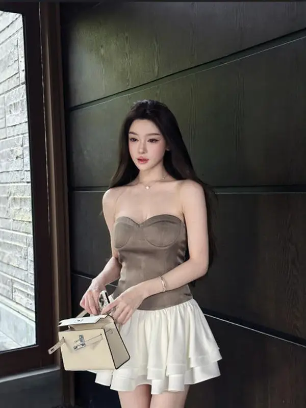 

Youenbb High Waist Color Blo Bustier Dr with Lace Trim Slimming Design Ele Ladylike Sle for Women's Faion