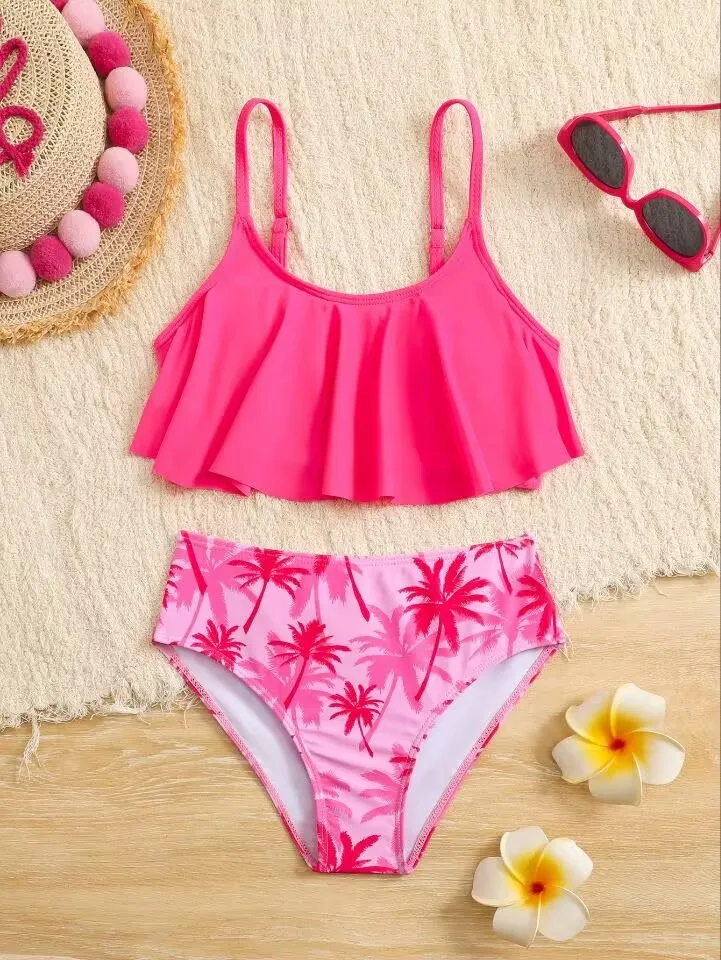 7-12 anni ragazze bambini vita alta volant costumi da bagno estate spiaggia bambini costume da bagno stampa Biquini adolescenti costume da bagno Bikini rosa Set