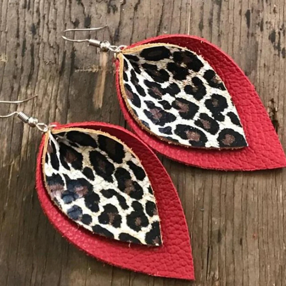 Double Layer Leaf Leather Earrings  Leopard Print PU Drop Dangle Lightweight Earring for Women Jewelry Gifts