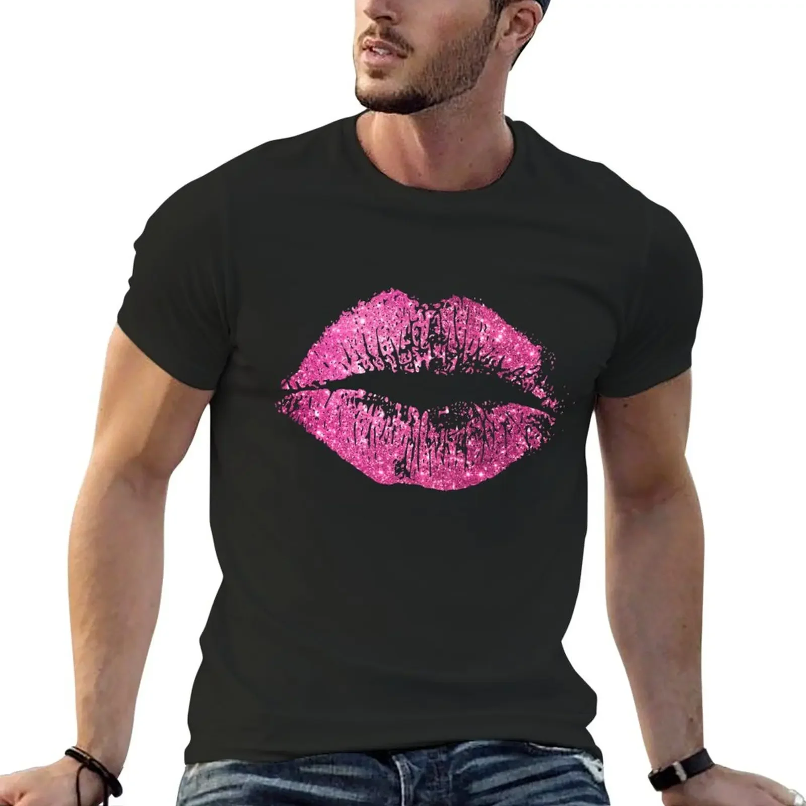 

Stylish Pink Glitter Lips T-Shirt customs Short sleeve tee tees men t shirts