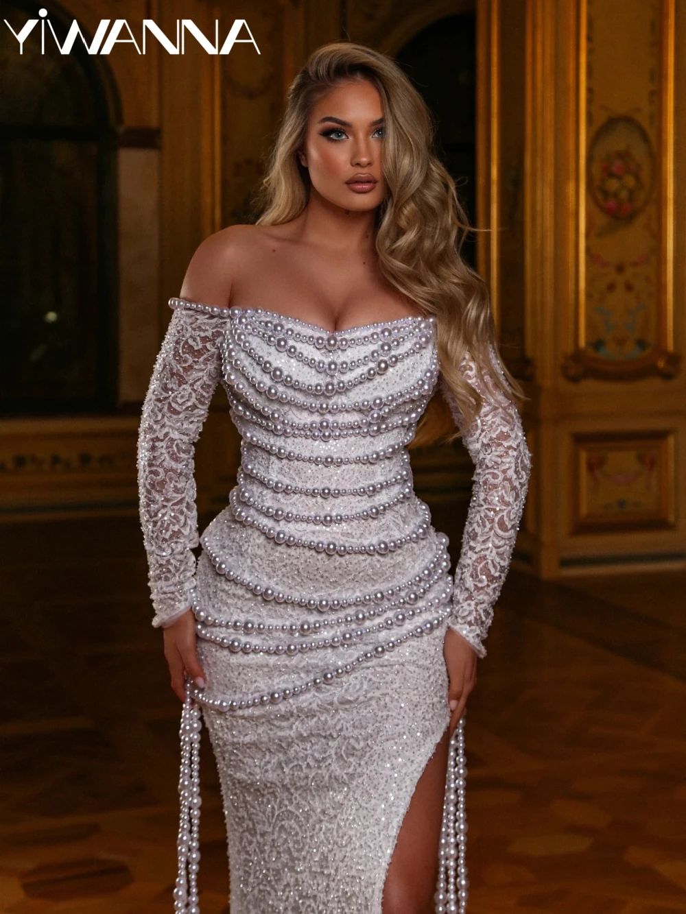 وصول جديد فاخر اللؤلؤ حورية البحر فستان زفاف طويل أنيق بدون حمالات قبالة الكتف فستان زفاف فساتين مخصصة للعروس