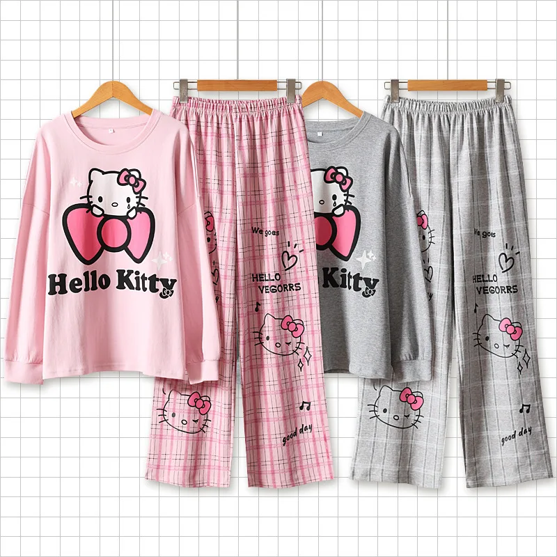 ハローキティ-女性用コットンパジャマクルーネックソフトトップとパンツホームウェア冬のパジャマ秋の服セット
