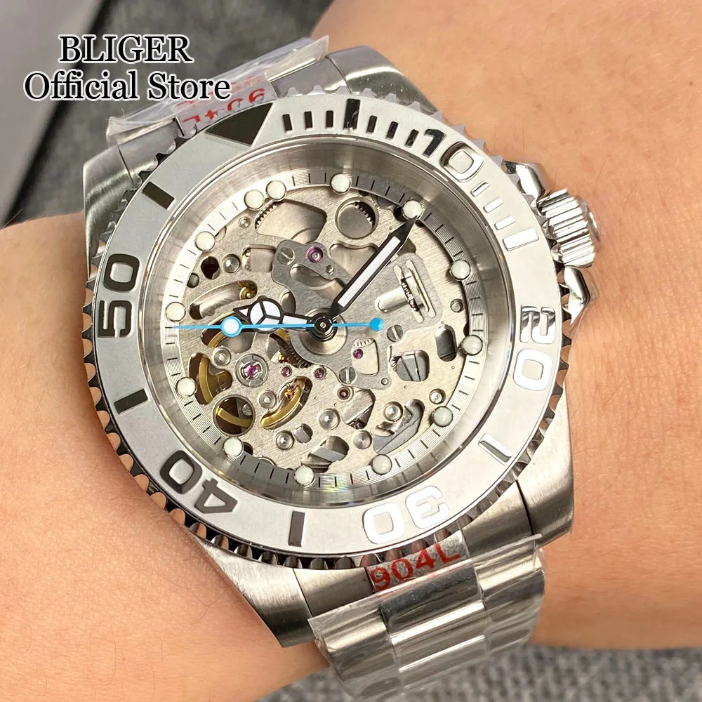 Diving 40mm NH70A Automatic Movement Mens Watch 200M Waterproof Transparent Hollow Dial Polished Bracelet Ceramics Insert