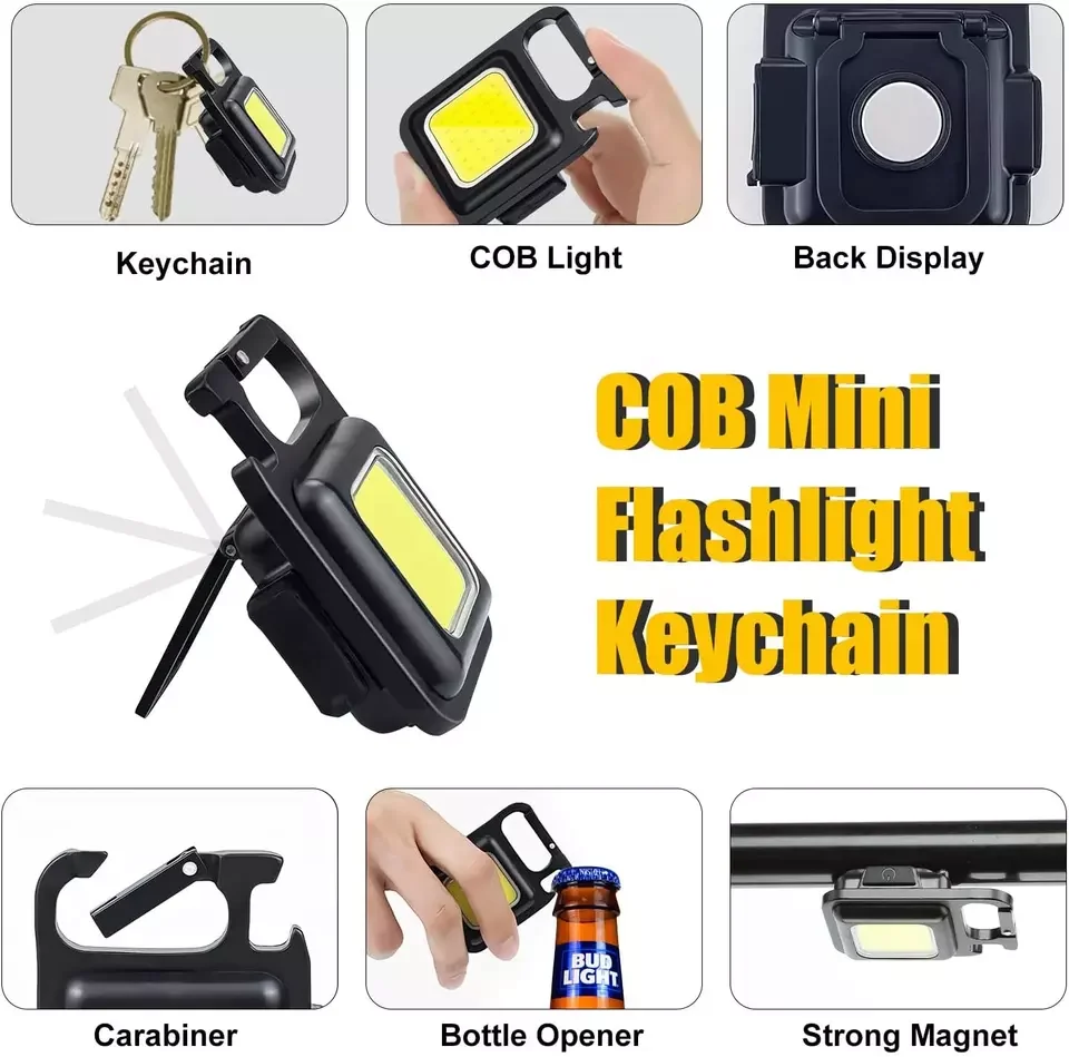 Mini Portable Keychain Folding Bracket Rechargeable Strong Magnet Cob Light Key Rings Camping Lantern Bottle Opener