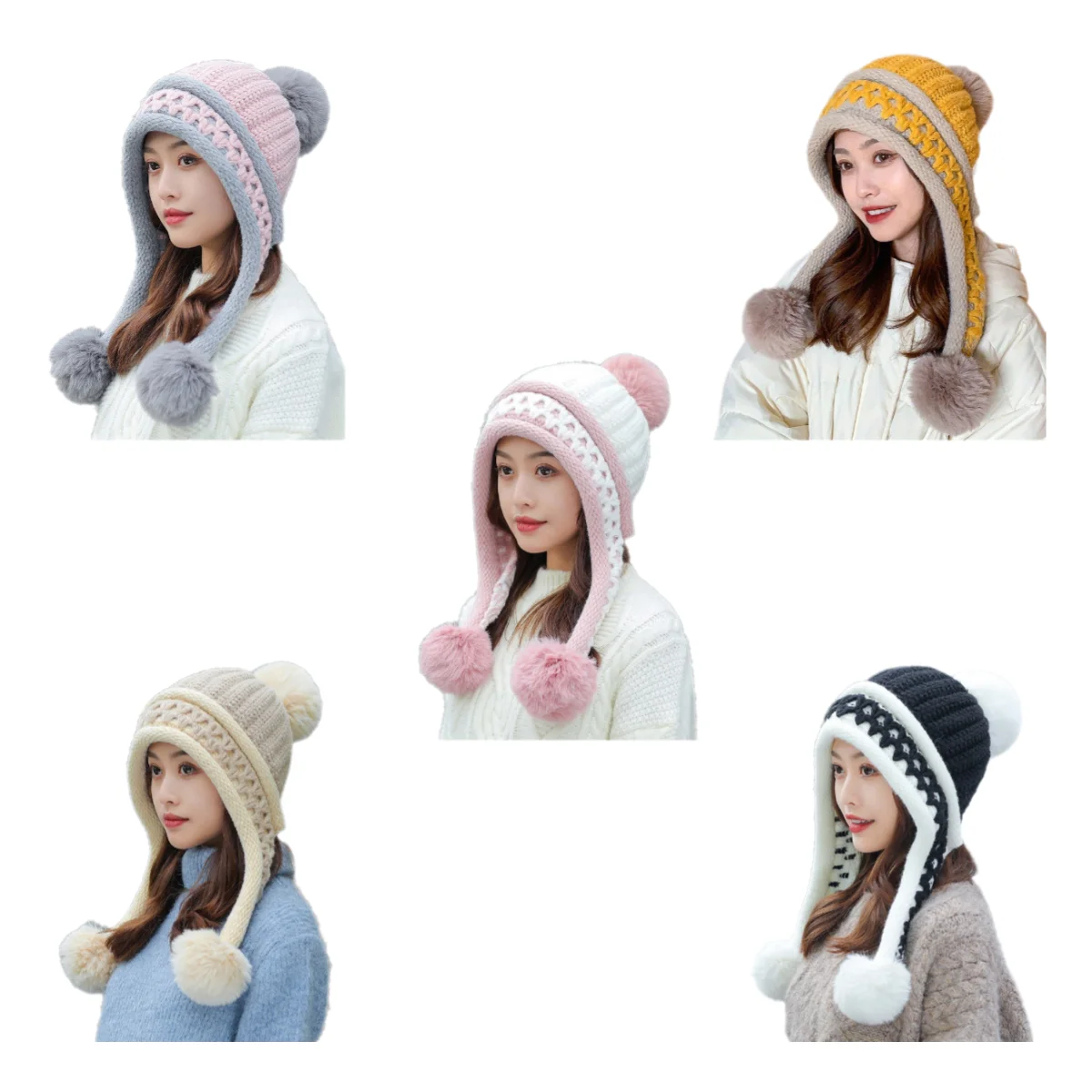 Two Wone Woven Woolen Hat Plush Warm Knitted Hat Cute Plush Ball Decoration Women's Winter Cold Proof Ear Protection Woolen Hat