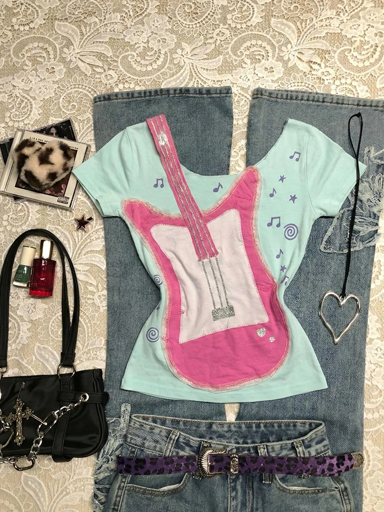 

Boya Girl Original Green Guitar Print round Neck Short Sleeve T-Shirt Women's Summer Slim Fit Design Unique Top Casual Style