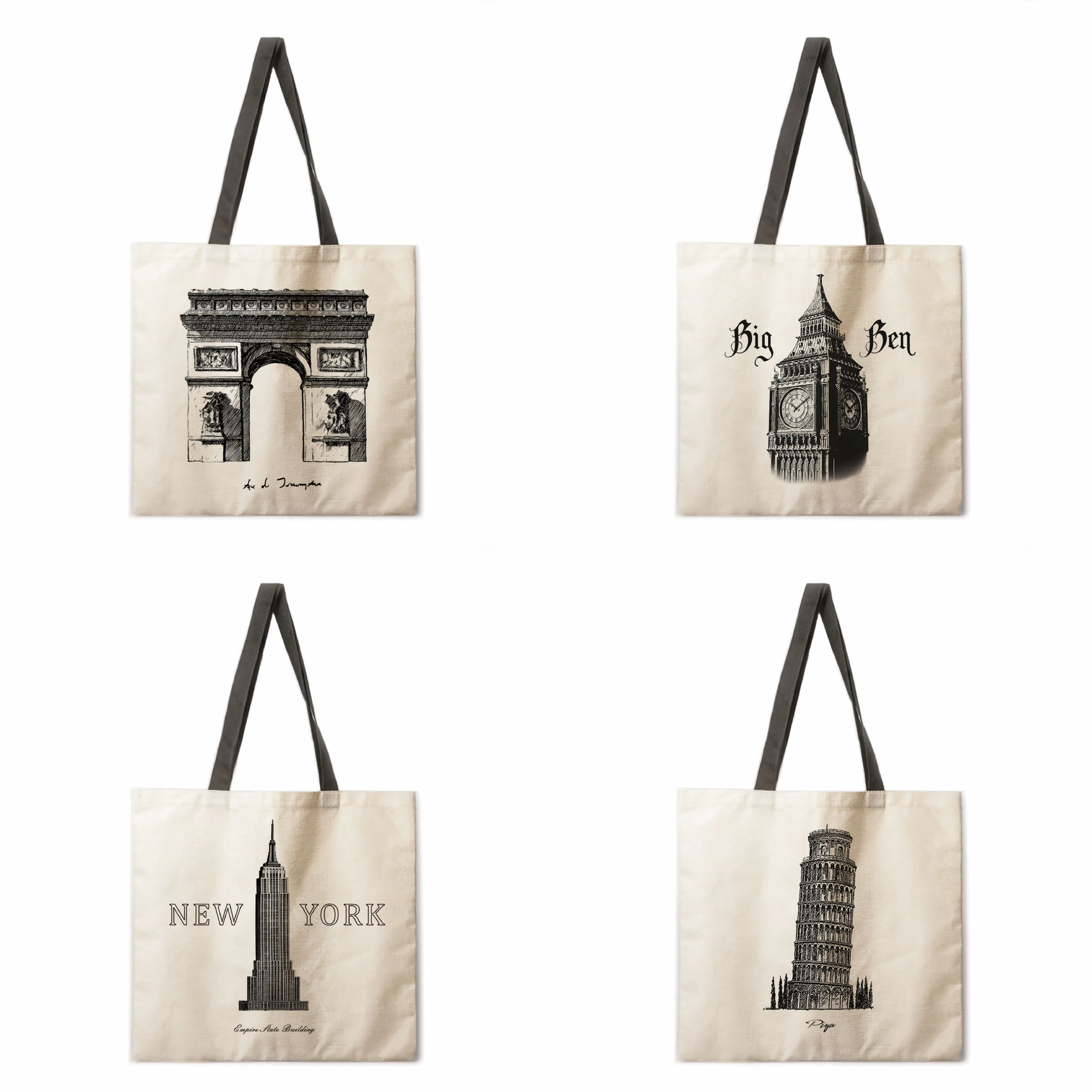 

Sketch Building Linen Bag Handbag Lightweight Shoulder Bag Large Capacity Eco-friendly Shopping Bag Tote Bag