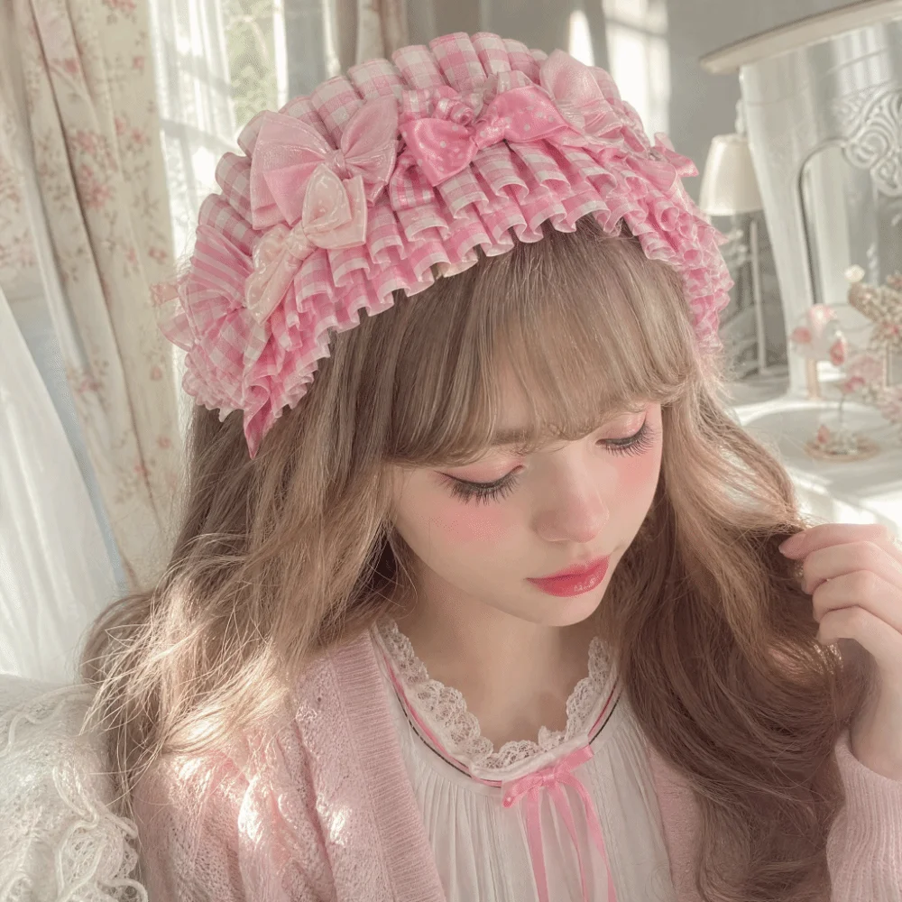 Imitation Pearl Pink Plaid Headband Vintage Adjustable Lace Bow Hair Accessory Elegant Ruffled Lace Lolita Hair Band Daily Wear