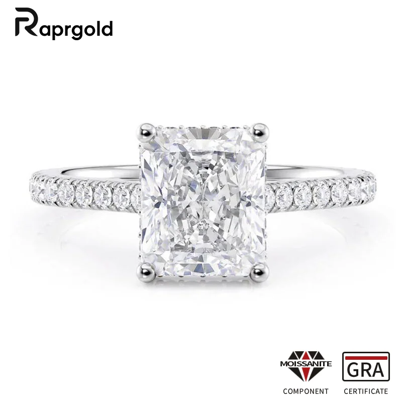 

RAPRGOLD Certified Rectangular Moissanite Stone Half Eternity Ring 925 Sterling Silver Wedding Ring for Women Fine Jewelry Gifts