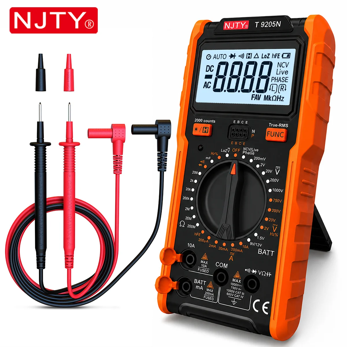 NJTY T9205N Digital Multimeter HFE PHASE Sequence True RMS Tester ACDC Voltage Current Resistance Capacitance Ammeter Meter Tool
