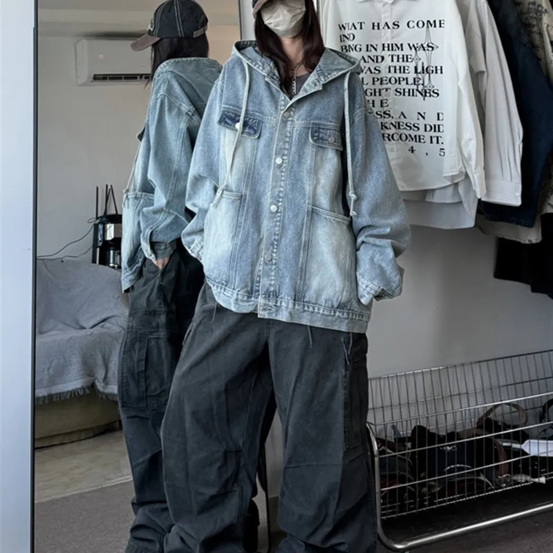 

Мужская джинсовая куртка-худи в винтажном стиле American High Street, модная, свободного кроя, для работы, весна-осень