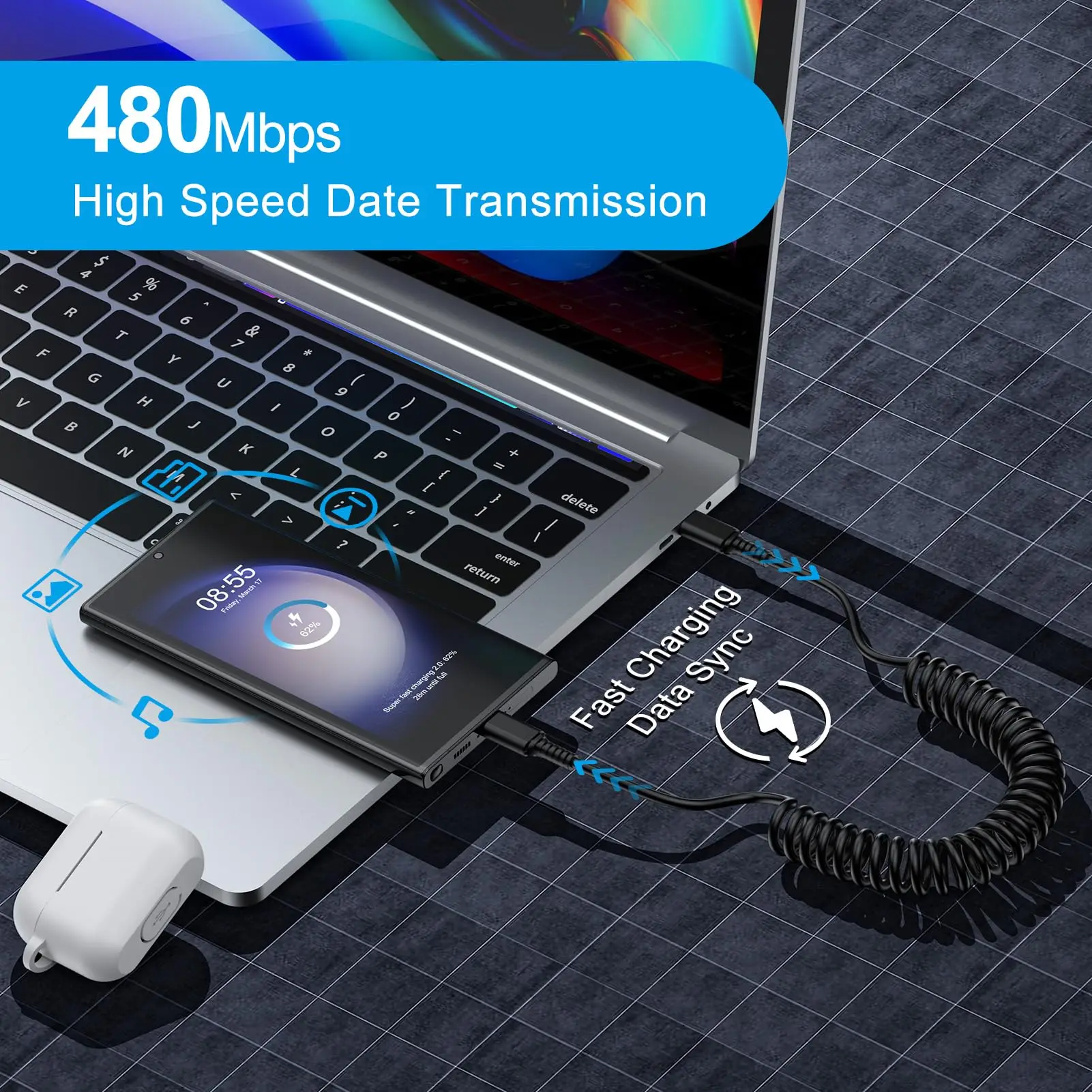 كابل USB C إلى USB C تلقائي 3FT Type C شحن سريع ملفوف سلك شاحن سامسونج لسيارة iPhone15 Huawei Xiaomi Samsung Type c #3