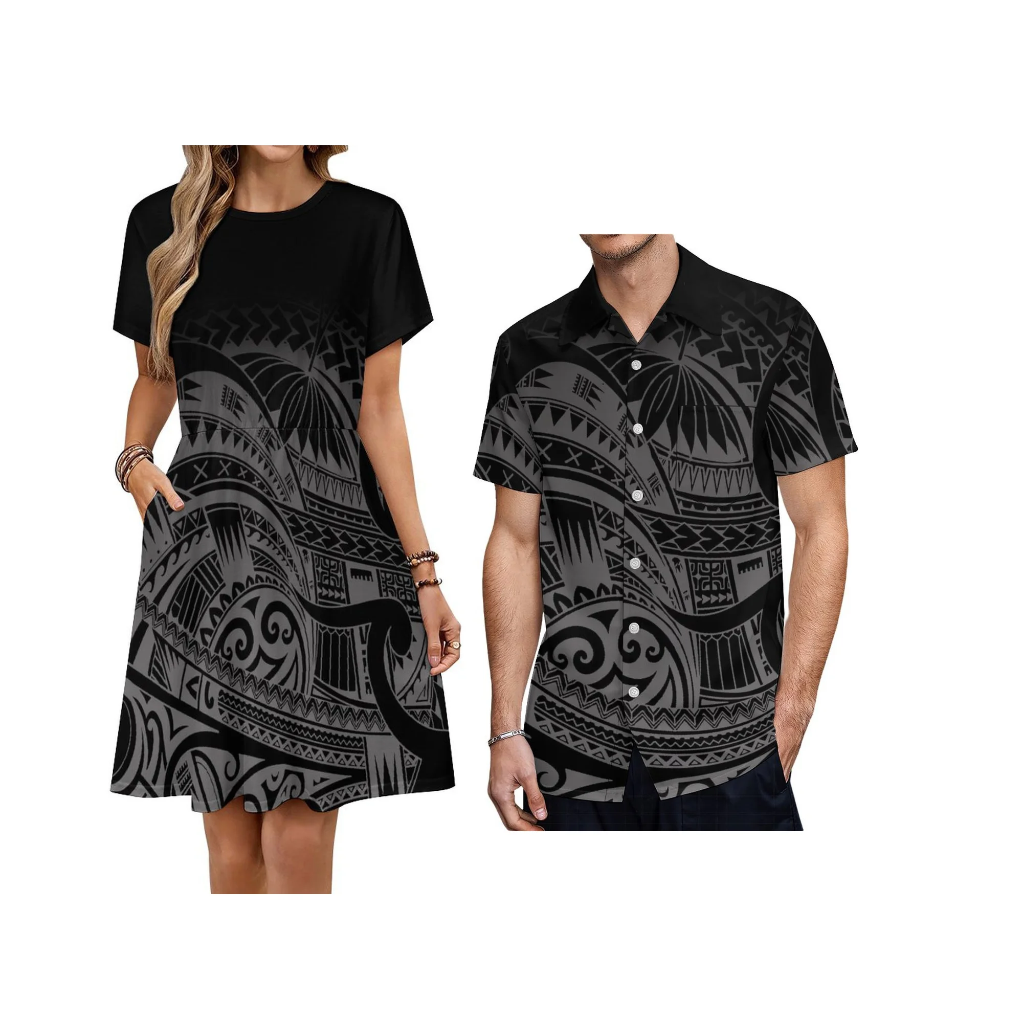 Nieuw ontwerp op maat Hawaii print dame korte mouw ronde hals knielengte galajurk match Aloha heren shirts koppels kleding 2 stuks
