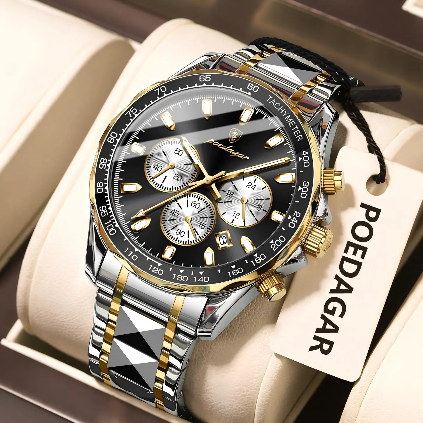 

POEDAGAR Top Stylish Men Wristwatch Waterproof Luminous Stainless Steel Business Men's Watches Chronograph Date Quartz Man Watch