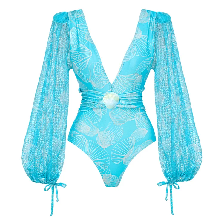 2024 New Swimsuit and Skirt V Neck Shell Print Decoration Long Sleeve One Piece Summer Swimwear Women Beachwear Bathi