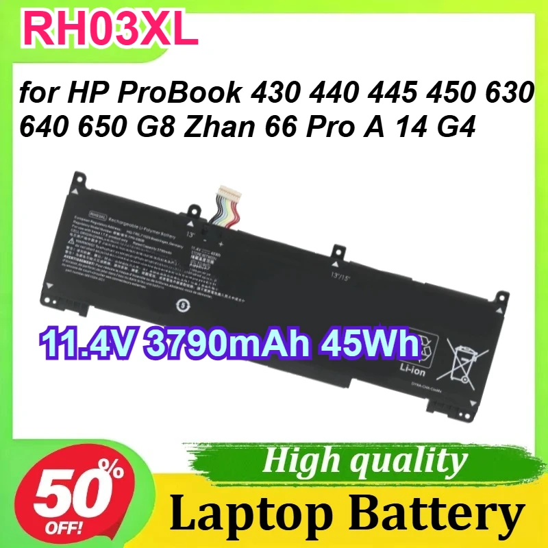 

Аккумулятор RH03XL для ноутбуков HP ProBook 430, 440, 445, 450, 630, 640, 650 G8, Zhan 66 Pro A 14 G4 Series, HSTNN-IB9P, 11.4V, 3790mAh, 45Wh