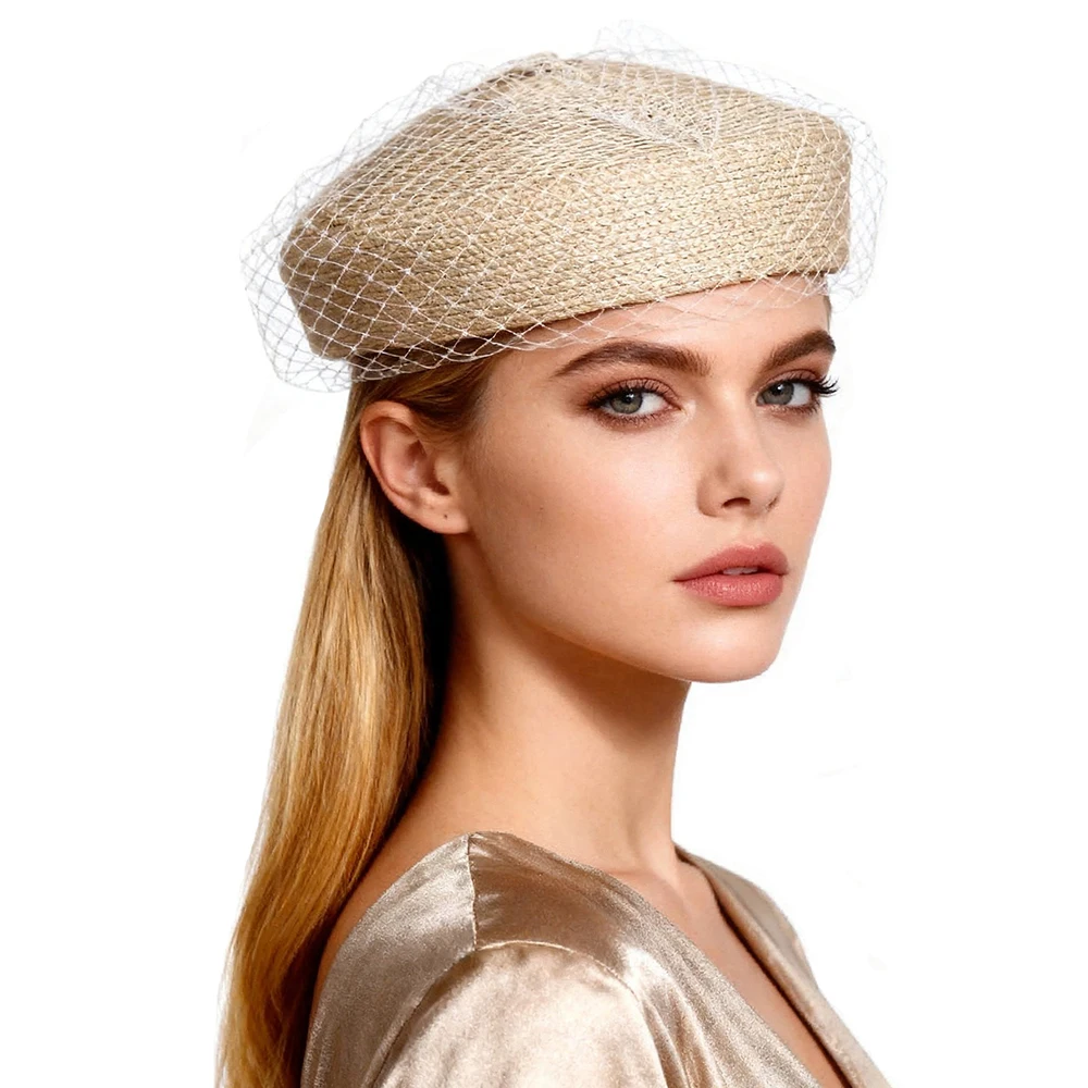 FS Luxury Beige Red Tea Party Pillbox Hats Vintage Church Hat For Women Elegant Wedding Fascinator Cap With Veil Chapeau Femme