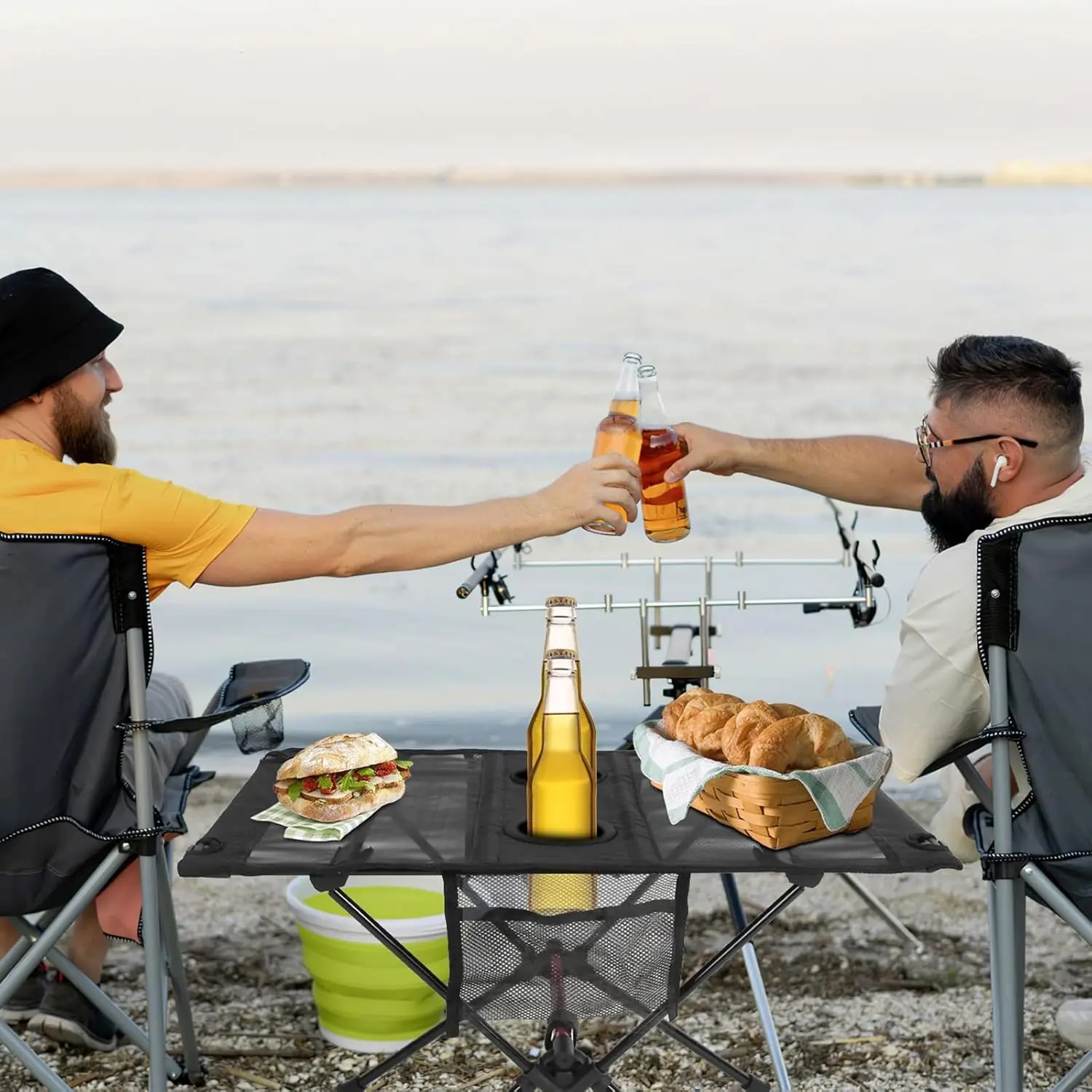 Portable Folding Camping Table with Aluminum Alloy Frame 2 Cup Holders Side Pockets Compact Picnic Beach Table for Outdoor Hikin