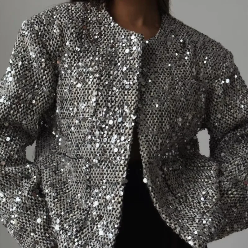 

Зимний новый женский твидовый пиджак с круглым вырезом 2025 года, украшенный сверкающими пайетками, массивная текстурированная и модная верхняя одежда