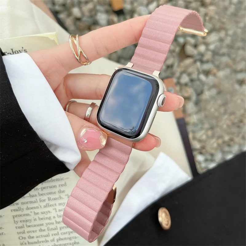 New Pink Leather Strap For iwatch Series Band Ultra 8 7 SE 6 5 4 41mm 45mm Luxury Correa Watchband For Apple Watch 38 42 44 40mm