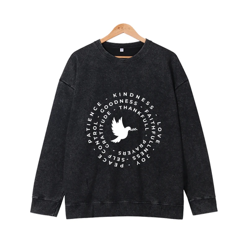 Autumn and winter women's round neck loose white pigeon print men's and women's long sleeved shirt casual Harajuku street style