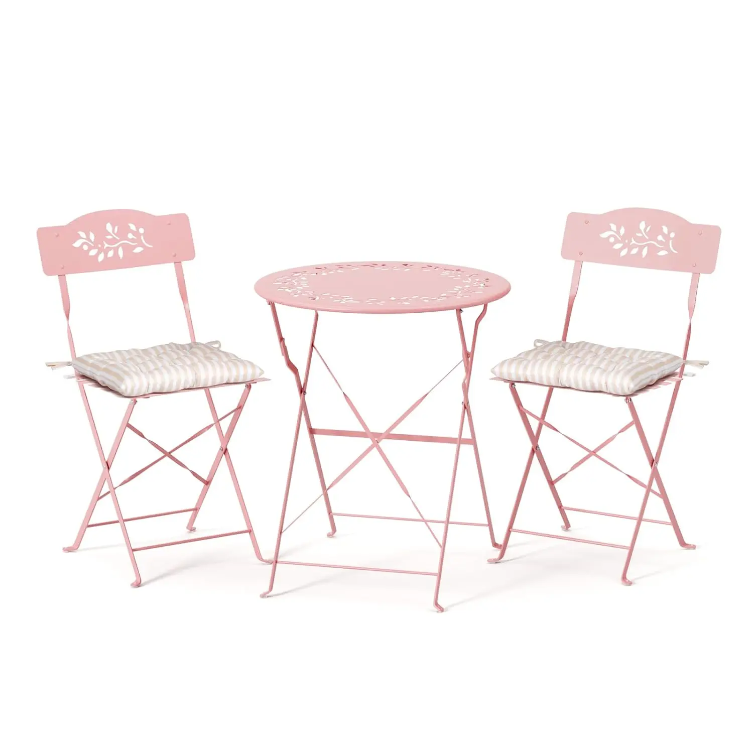 Outdoor Folding Bistro Set 3-Piece with Leaf Cutout & Cushions for Patio Balcony Garden, Pink, Customized
