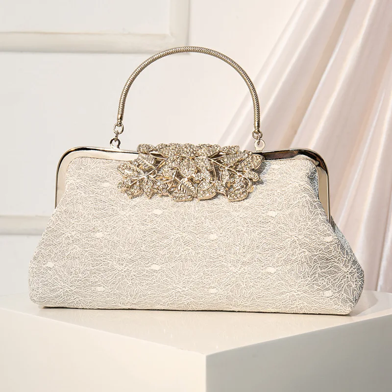 

Lady Elegant Chain Crossbody Shoulder Bag Beading Handle Lace Covered Clutch Bag Party Wedding Evening Temperament Pearl Handbag