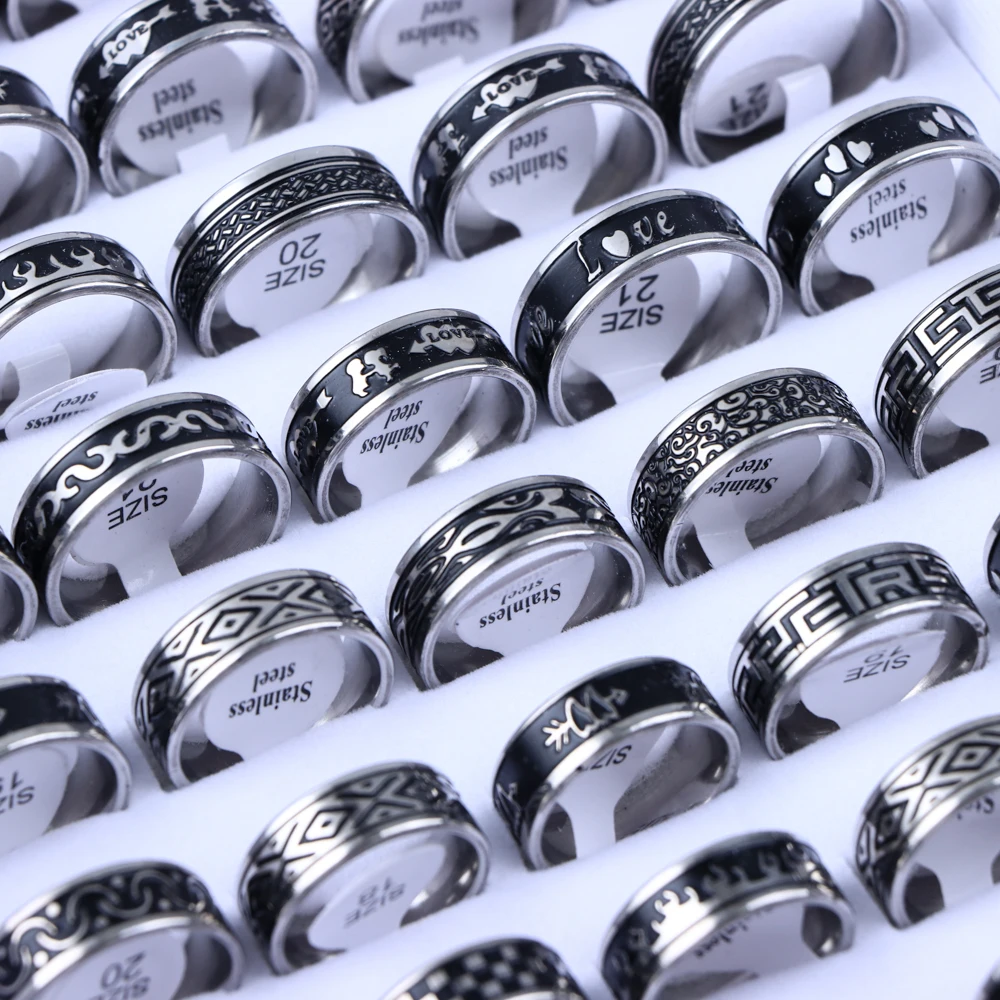 10Pcs/Lot Trendy Classic Men\'s Women\'s Oil Dripping Stainless Steel Rings, Retro Jewelry Gifts, Mixed Style