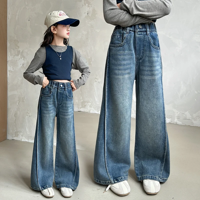 

New Autumn Tween Girl Dark Blue Jeans Foldable Wide Leg Denim Pants Kids Child Spring High Waist Jeans Trousers Age 4 To 14 Y