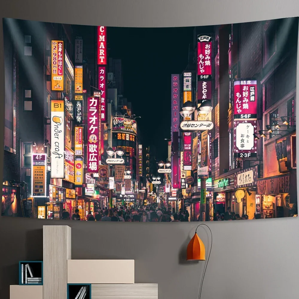 Tokyo Metropolitan Nightlife Tapestry Japanese Wall Hanging Bedroom Home Decor Bohemian Decorative Hippie Printed Sheet