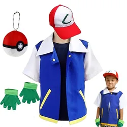 Anime Blue JacketP-PokemonING Go Men Cosplay Costume Boys Ash Ketchum For Halloween Party Trainer Gloves Cap Set birthday Gift