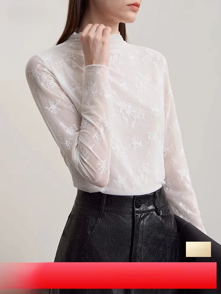 

Женская нейлоновая футболка с цветочной вышивкой, приталенная, с высоким воротником, для повседневной носки осенью