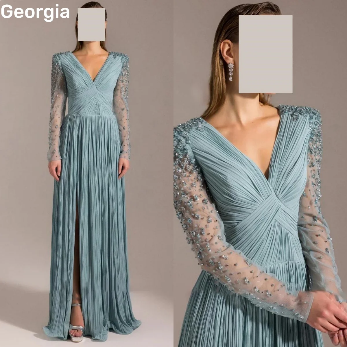 

Beaded Customize فساتين سهرة A-Line Deep V-Neck Floor-Length Zipper Up Dress Women Elegant Luxury Long Sleeves Elegant Dresses