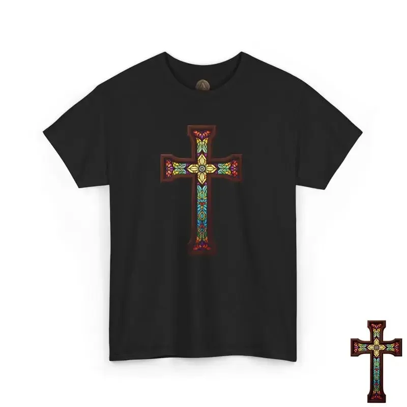 Stained Glass Cross T Shirt Catholic Religion Faith Jesus Christ