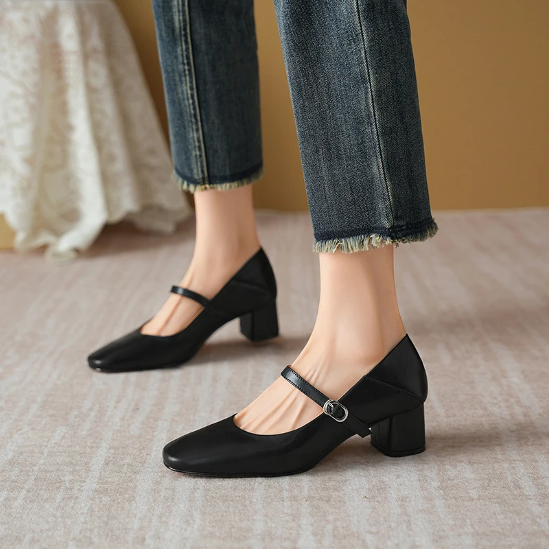 Hot Sales Women's Leather Mary Jane Shoes with Buckle Strap Round Toe Block Heel Classic Pumps Stylish Design