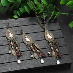 Boho Colorful Beads Water Drop Earring Necklace Set for Women Vintage Alloy Leaf Chain Tassel Dangle Earrings Wedding Jewelry