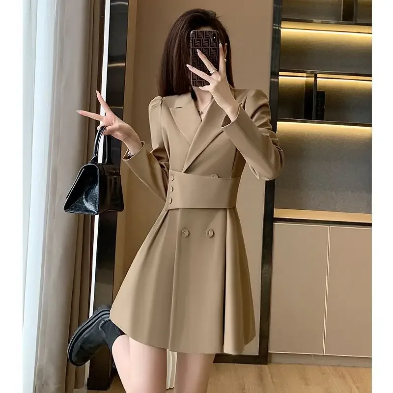 Dress2024 New Women's Spring Wardrobe Slimming Smooth French Style Tweed Suit Dress Early Autumn Waist Tied Shirt Dress