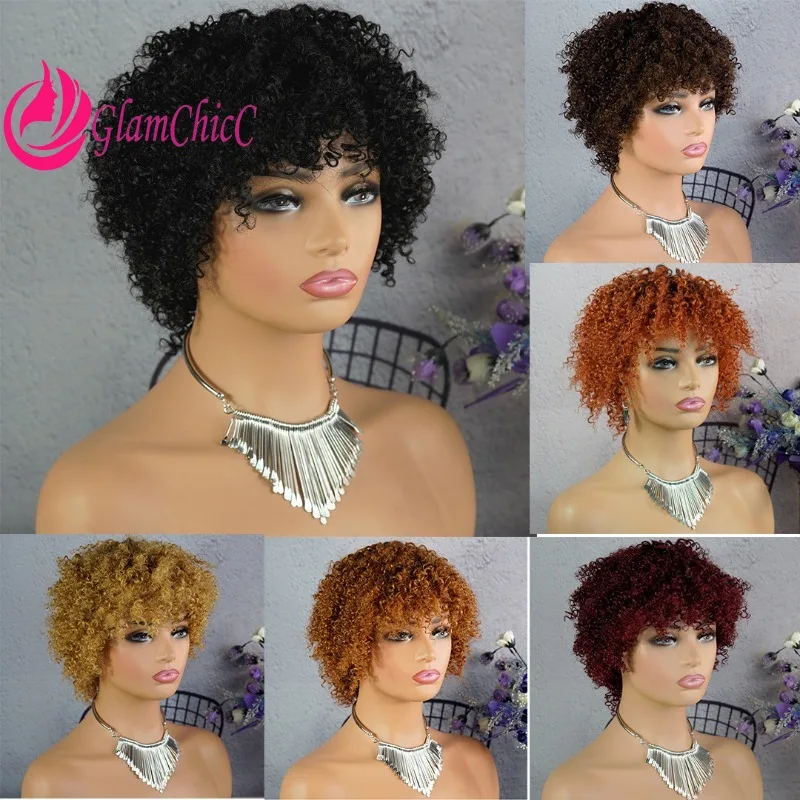 

8-дюймовый Pixie Curly4 # Т1Б/27 # T1B/99J # Полный машинный парик из человеческих волос, бразильский девственный Реми, несколько вариантов цвета, плотность 180%, бесклеевой