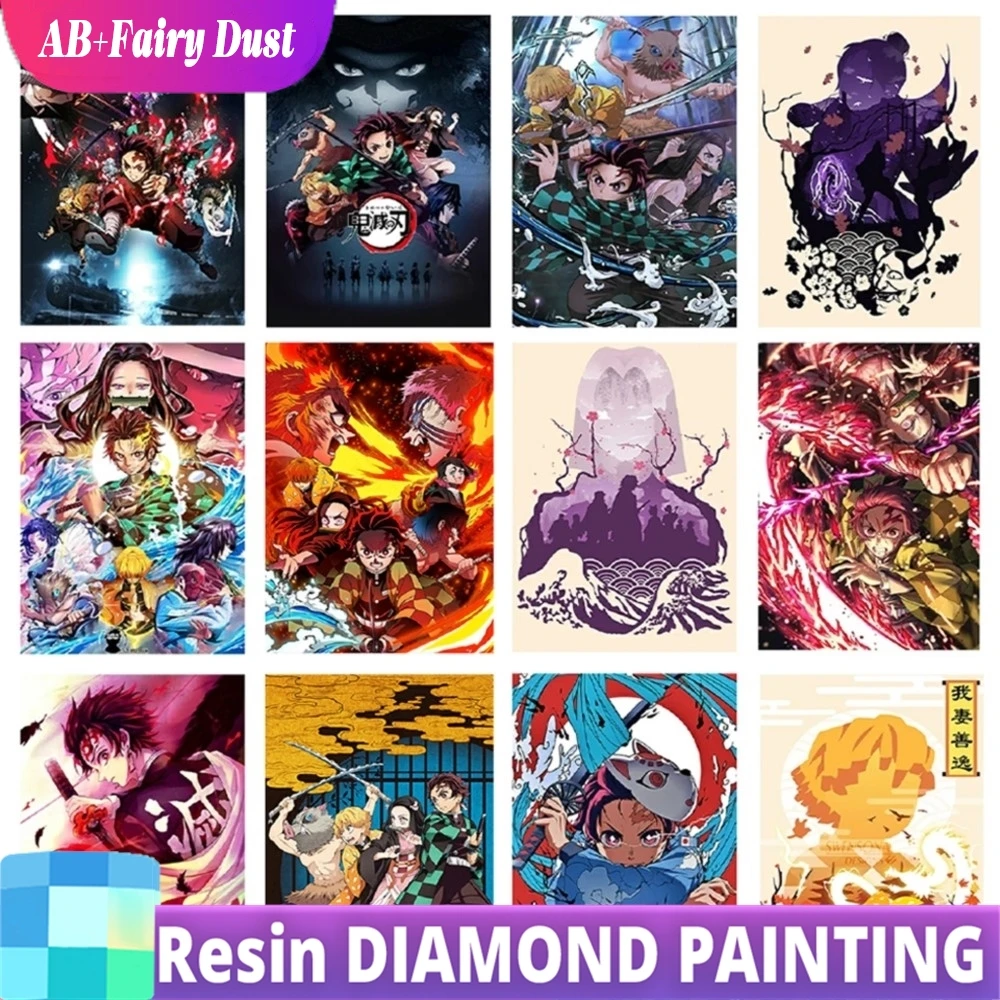 Żywica AB Fairy Dust Demon Slayer 5D diamentowe malowanie Kimetsu No Yaiba japonia Anime pełna mozaika krzyż zestaw do haftowania