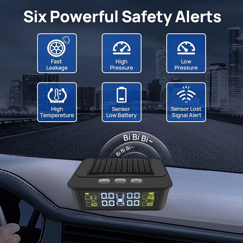 Solar &USB Charging TPMS Car Tire Pressure Alarm Digital Display 4 Sensors Waterproof Tire Pressure Temperature Warning System