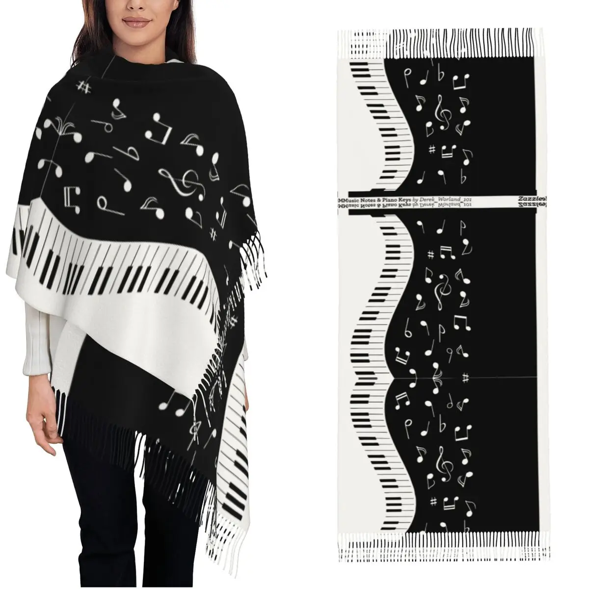 

Женский шарф с кисточками, ноты и клавиши фортепиано, леггинсы, длинная зимняя теплая шаль и накидка, музыкальный музыкант, пианист, кашемировый шарф
