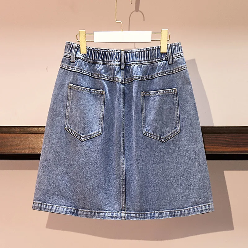 Mini-saia coreana A-Line Jean, bolso de algodão, jeans azul, grande, Tamanhos Grandes, 3XL, 4XL, 5XL, 6XL, 7XL, Novo, Verão, 2022