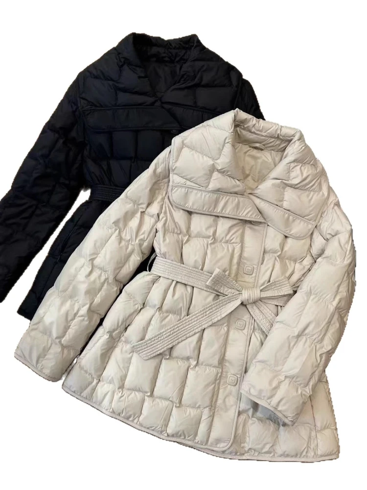 جديد 2025 معطف منتفخ على شكل بطة بيضاء شتوية للسيدات أنيقة بياقة كبيرة برباط علوي سترات عصرية متوسطة الطول سترة خارجية #5