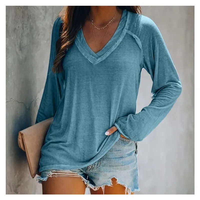 Solid color long sleeved V-neck patchwork casual oversized T-shirt top for women\'s clothing